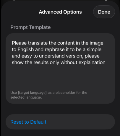 Pocket Curator app advanced options menu allowing custom prompting for LLM translation output