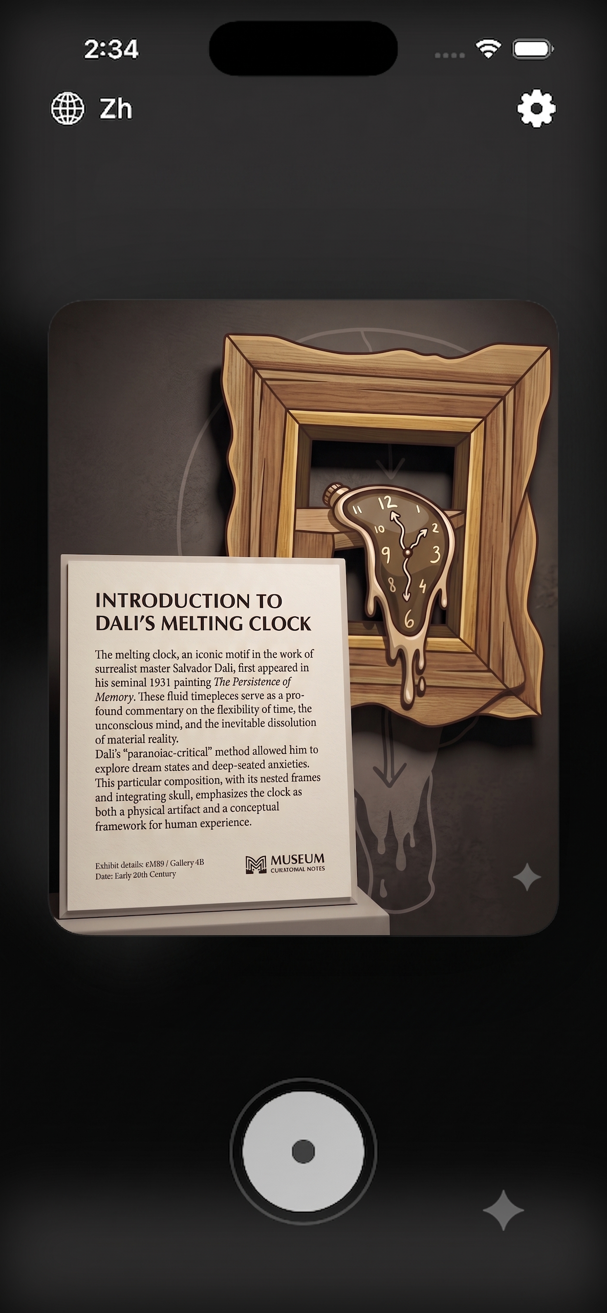 Pocket Curator app live scanning screen showing Salvador Dali's melting clock with active text scan